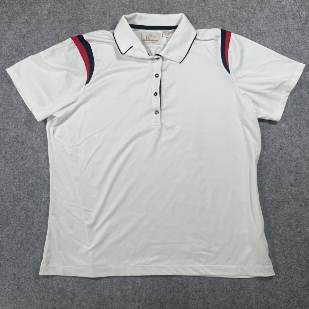 EP Pro Tour Tech Polo XL White Red Blue Shoulder Stripe Performance